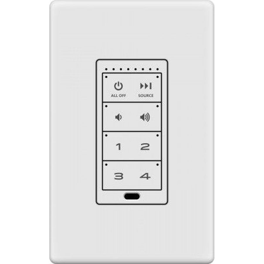 White Autonomic in-wall keypad with black control buttons for power, source, volume, and numbered presets.