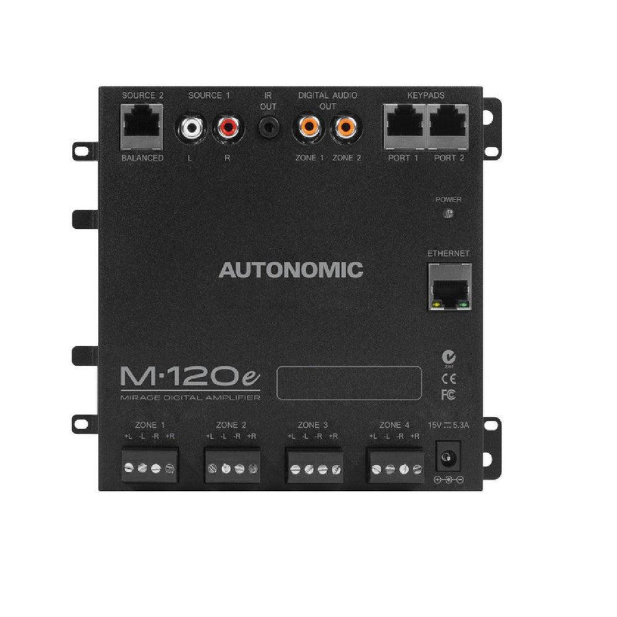 Black Autonomic Mirage M-120e digital amplifier with various audio inputs, outputs, and network ports.