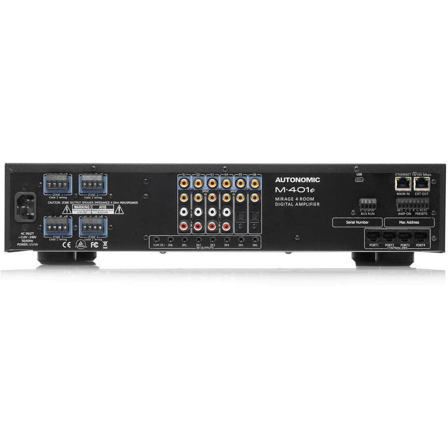Black Autonomic Mirage M-401e 6-source, 4-zone digital amplifier with various ports and connectors.