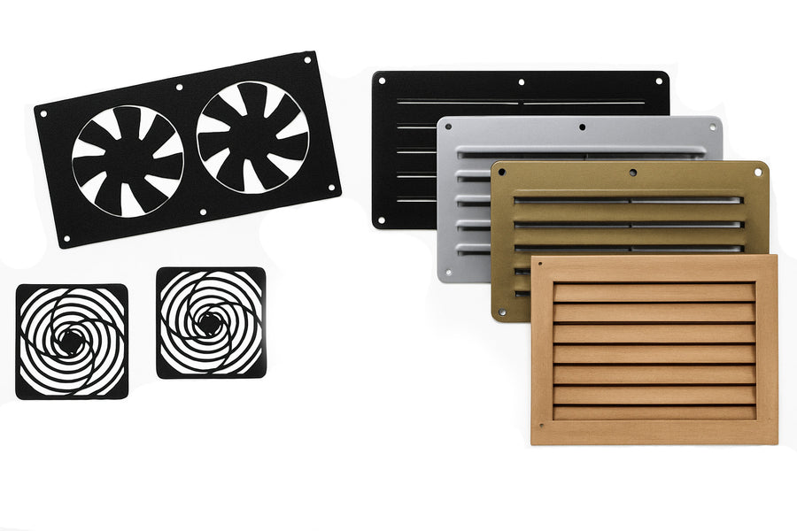 Black HiFlo Vent Basic System with two fans, plus black, silver, and wood-look grills.
