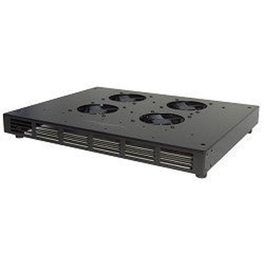 Black ceiling vent system rough-in box (VS-RVS-BOX) with four circular fan openings and side vents.