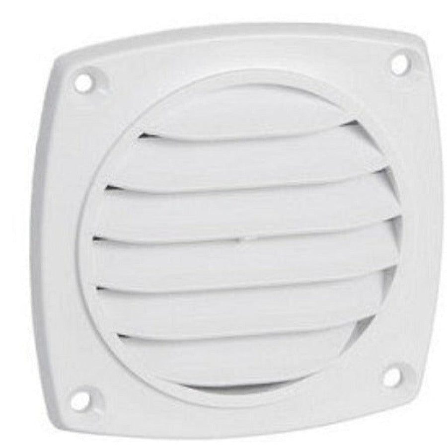 White ABS plastic 3" round surface mount grill with horizontal louvers and four screw holes.