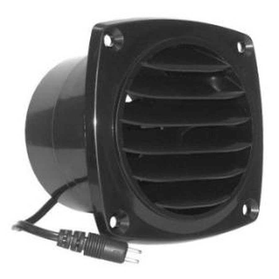 Black square cabinet vent with horizontal louvers and a power cord.