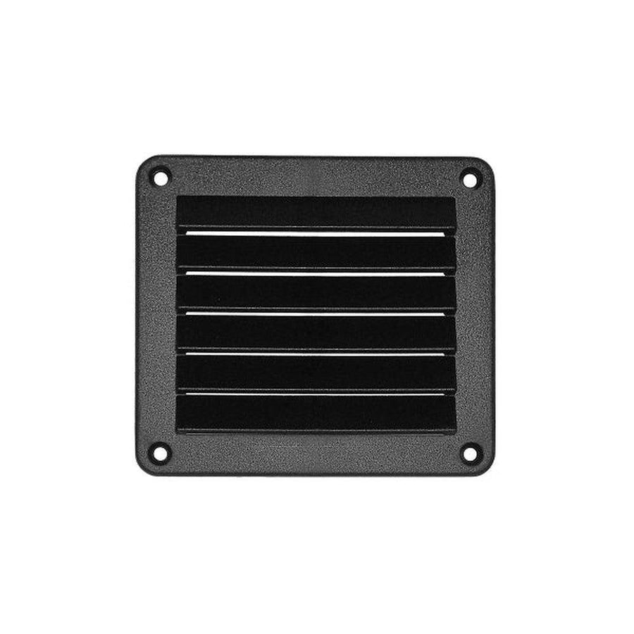 Black ABS plastic 14x12.7cm passive grill with horizontal slats and four screw holes for surface mounting.