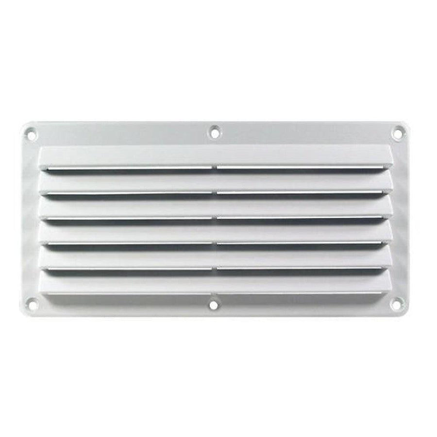 White ABS plastic surface-mount grill with horizontal louvers for 4x10 openings.