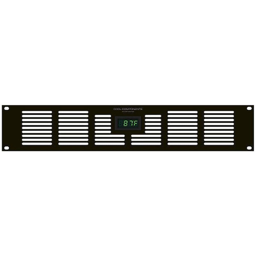 Matte black 2RU vented rack faceplate with a green digital temperature display showing 87F.