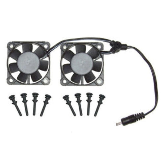 Black 2-fan assembly with gray blades, wiring, and mounting hardware for Cool Racks and Shelves.