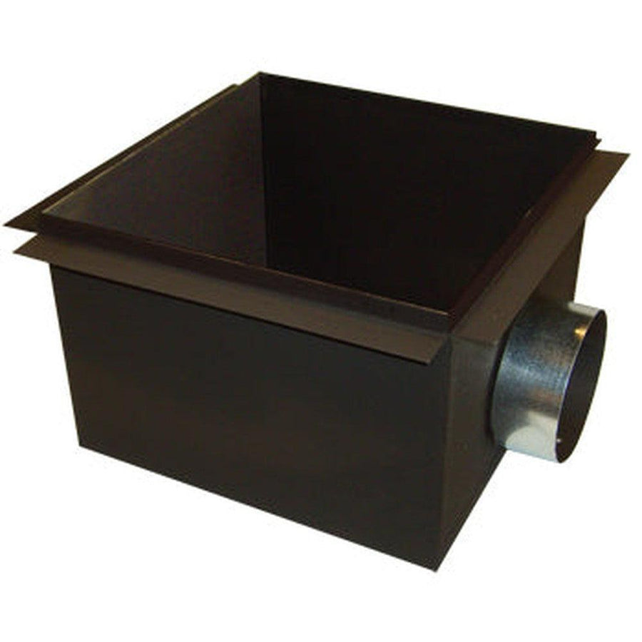 Black metal rough-in box for ceiling vent systems, with a silver circular duct connector on the side.