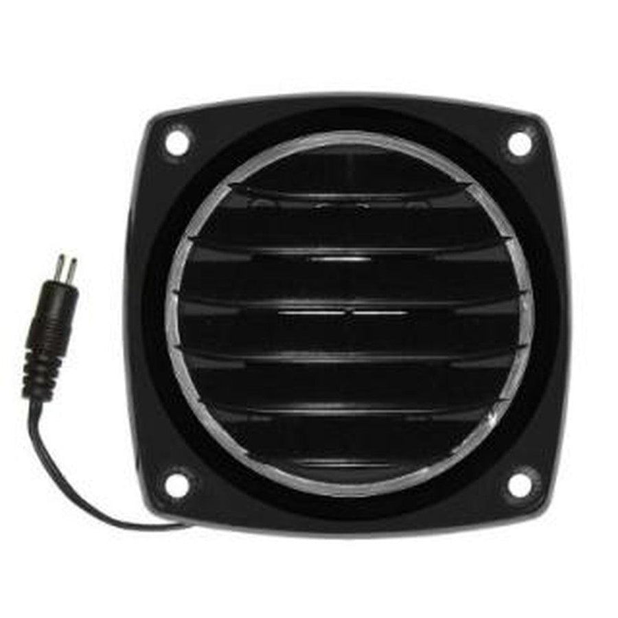 Black PVC Slim Vent with a circular louvered grille, four mounting holes, and a 2-pin FastWire connector.