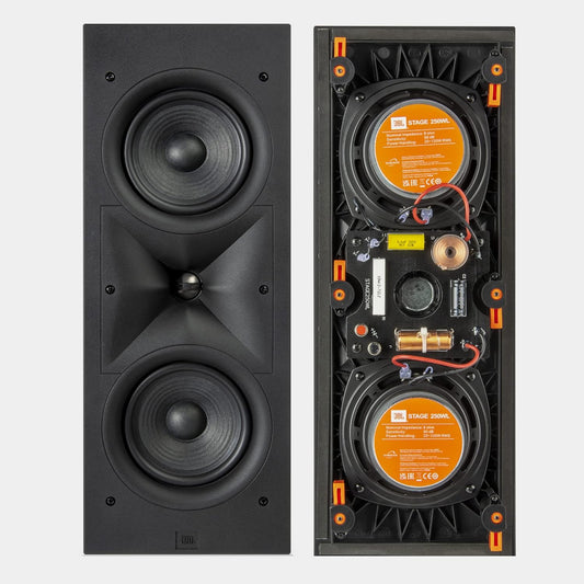 Black JBL Stage Series 260W 6.5" in-wall speaker, front view with grille and internal components exposed.