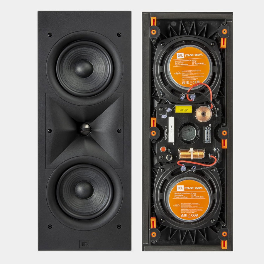 Black JBL Stage Series 260W 6.5" in-wall speaker, front view with grille and internal components exposed.