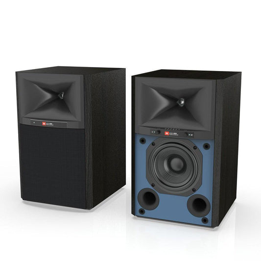 Black JBL 4305P 5.25" active bookshelf monitors, one with a black grille, the other revealing a blue baffle.