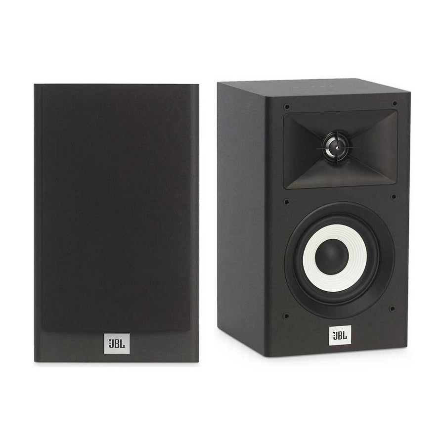 Pair of black JBL Stage A120W 4.5" bookshelf speakers, one with grille, one revealing white woofer and tweeter.