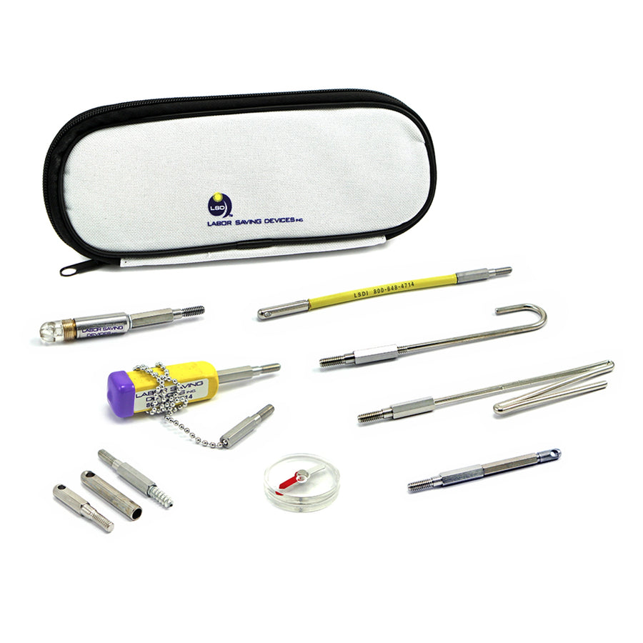 LSDi Creep-zit Threaded Connector Premium Tip Kit with white zippered pouch and various metal pulling tips.