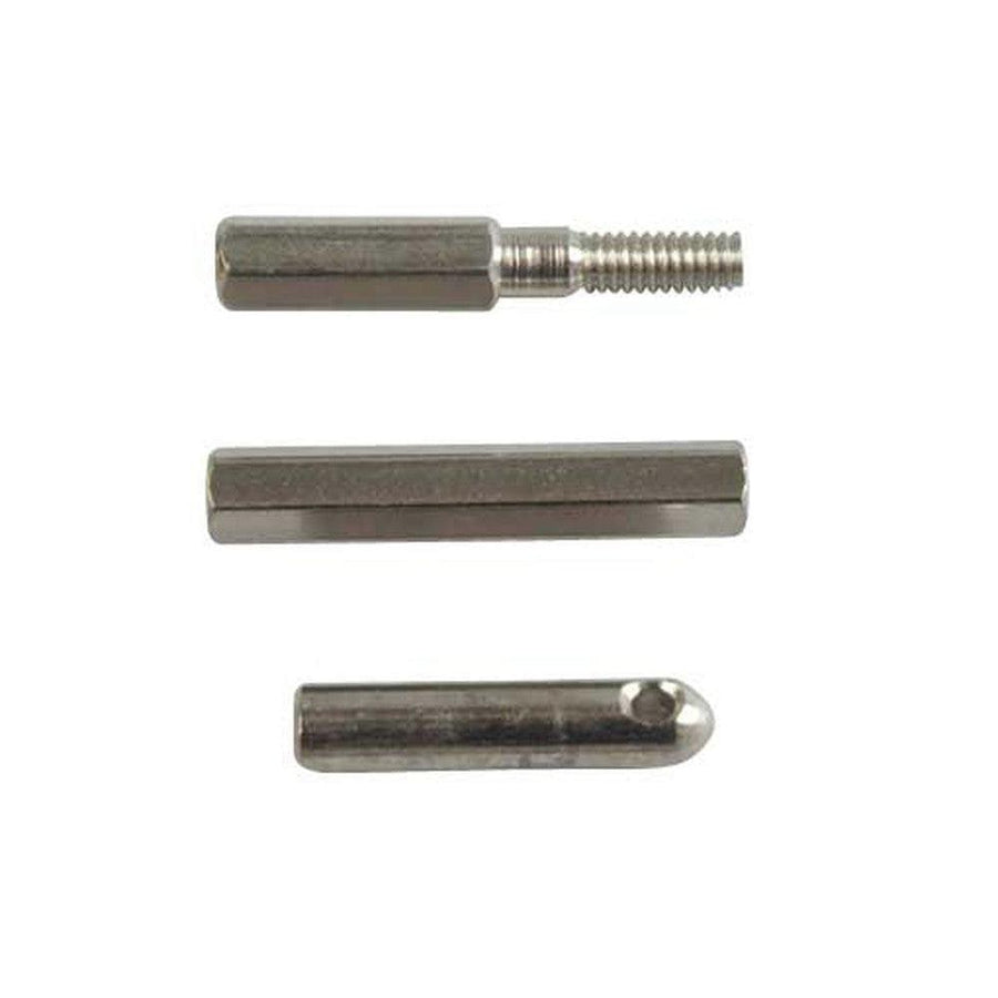 Silver metallic male and female threaded connectors with a bull nose tip for Creep-Zit rod systems.