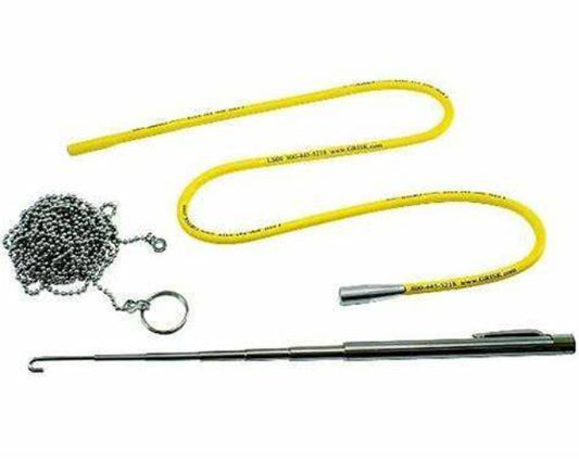 Yellow flexible magnetic retriever, coiled ball chain, and telescoping pocket retriever for cable fishing.