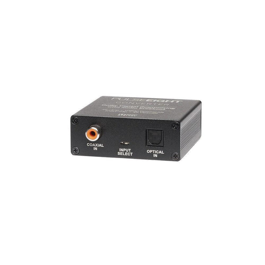 Black Pulse-Eight Dolby DAC, a compact digital to analog audio converter with coaxial and optical inputs.