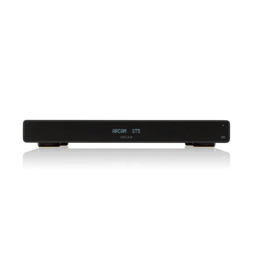 Black Arcam ST5 streamer with a sleek, minimalist design and a digital display showing "ARCAM ST5".