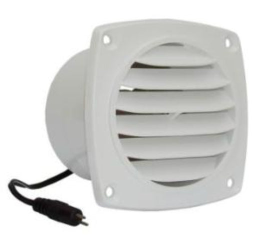 A white square vented exhaust or intake fan with a circular body, slotted front grille, and attached black power cord, shown on a plain white background.