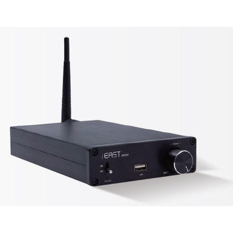 iEast AM160 Streaming Stereo Amp, a compact black amplifier with an antenna, USB port, and volume knob.