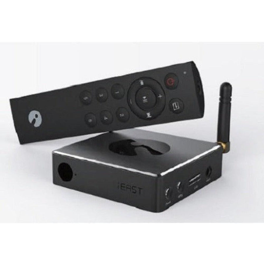 Black iEast M30 Stream Pro wireless multi-room sound streamer with remote control and antenna.