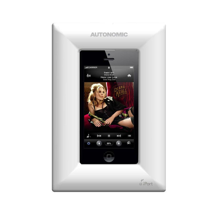 White Autonomic in-wall mount for iPod, featuring a sleek design and integrated iPod display.