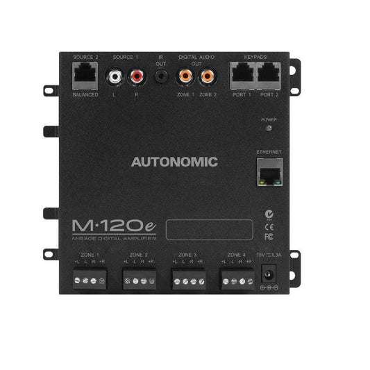 Black Autonomic Mirage M-120e digital amplifier with various audio inputs, outputs, and network ports.