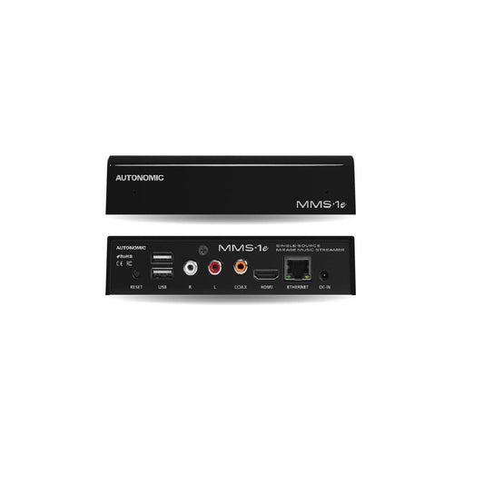 Autonomic Mirage MMS-1e single source music streamer, black with front logo and rear ports.