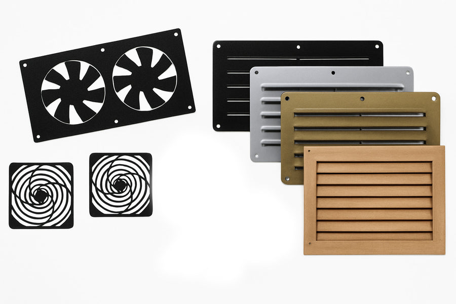 HiFlo Vent Basic system with white grill, two fans, and various colored louvered grills.
