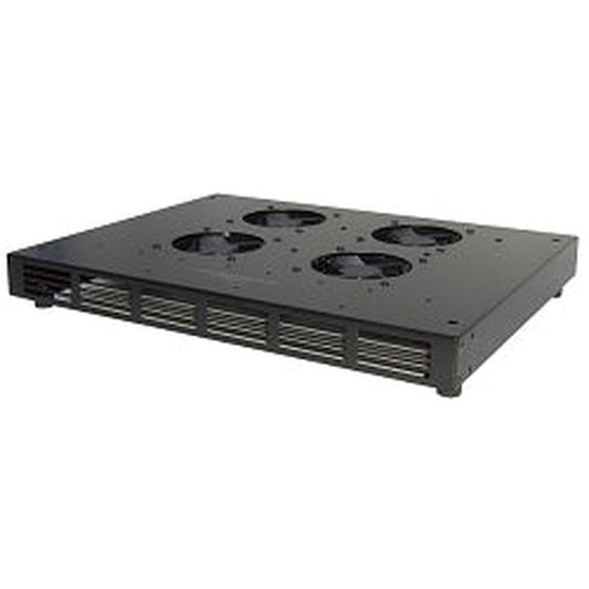 Black Cool Components 2 fan cooling system with four visible fans and side vents, designed for home theater equipment.