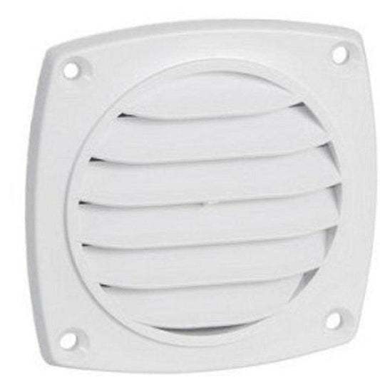 White ABS plastic 3" round surface mount grill with horizontal louvers and four screw holes.