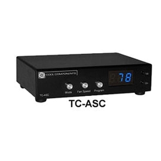 Black Cool Components TC-ASC Advanced System Controller with blue digital display and three silver control knobs.