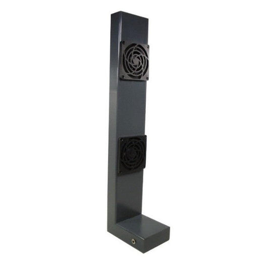 Gray L-shaped PVC cabinet duct system with two black square fan units and a small vent opening.