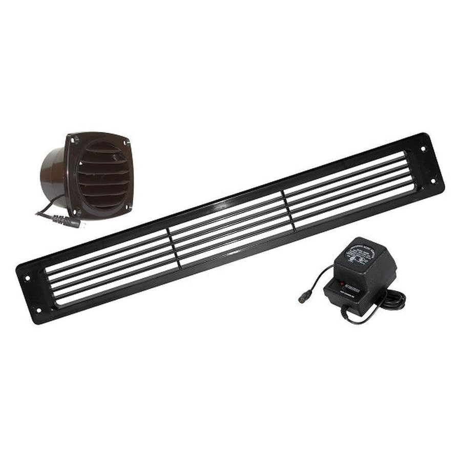 Black toe kick vent system with a rectangular grill, fan unit, and power supply.