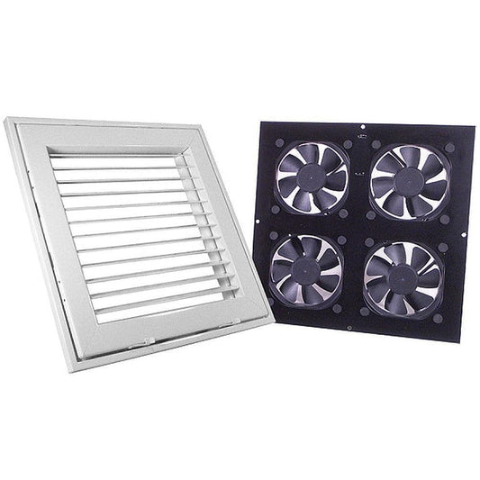 White louvered ceiling vent and black four-fan cooling system for aggressive room ventilation.