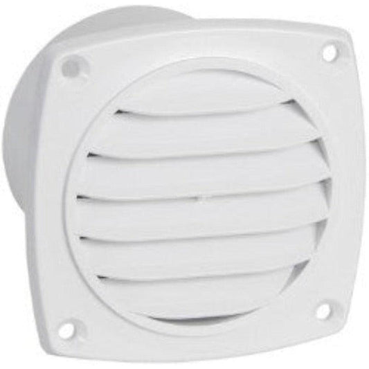 White square grill for 3" round opening, with horizontal louvers and four screw holes.