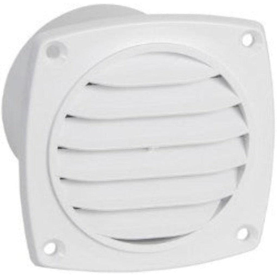 White square grill for 3" round opening, with horizontal louvers and four screw holes.