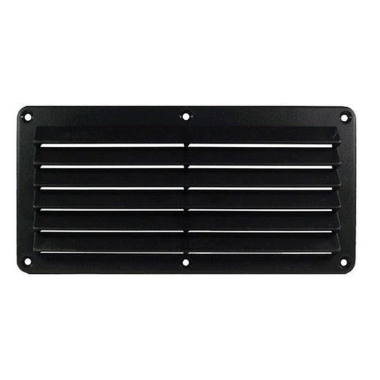 Black ABS plastic surface mount grill with horizontal louvers and screw holes for passive cooling.