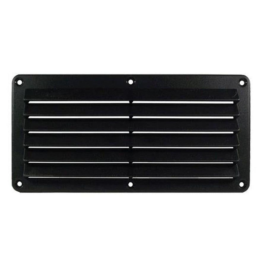 Black ABS plastic surface mount grill with horizontal louvers and screw holes for passive cooling.