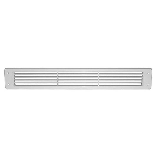White ABS plastic passive toe kick grill with horizontal slats and screw holes.