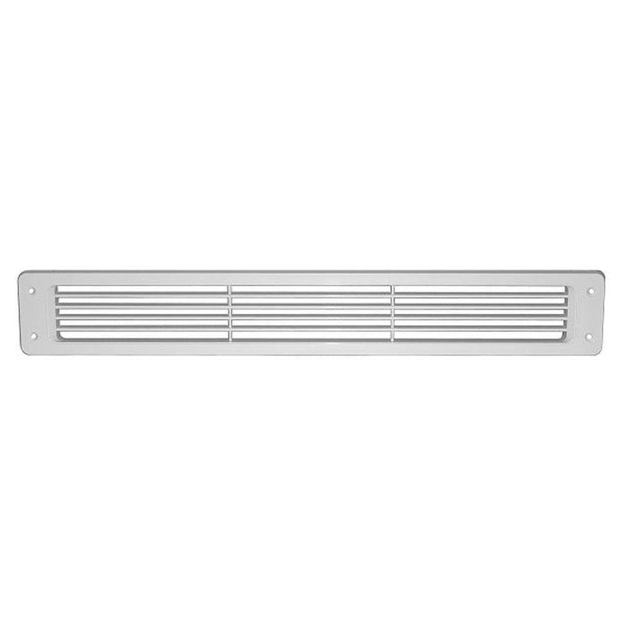 White ABS plastic passive toe kick grill with horizontal slats and screw holes.