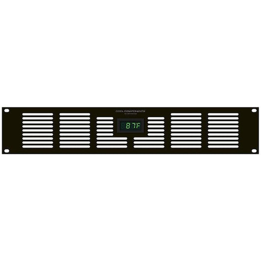 Matte black 2RU vented rack faceplate with a green digital temperature display showing 87F.