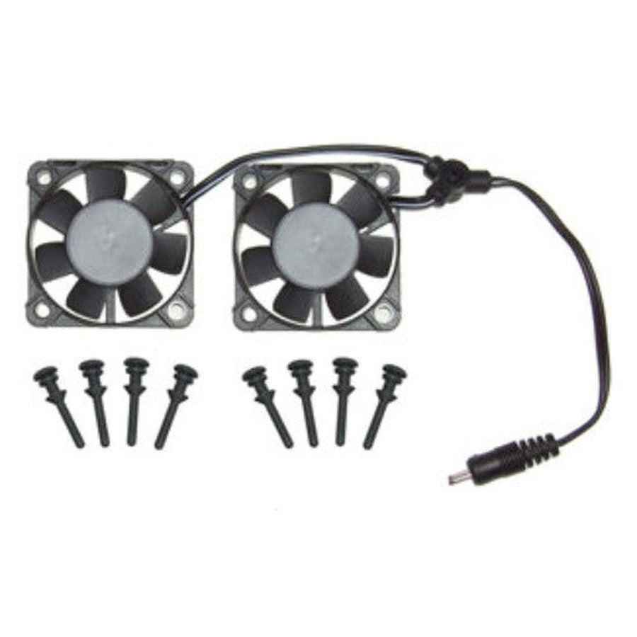 Black 2-fan assembly with gray blades, wiring, and mounting hardware for Cool Racks and Shelves.
