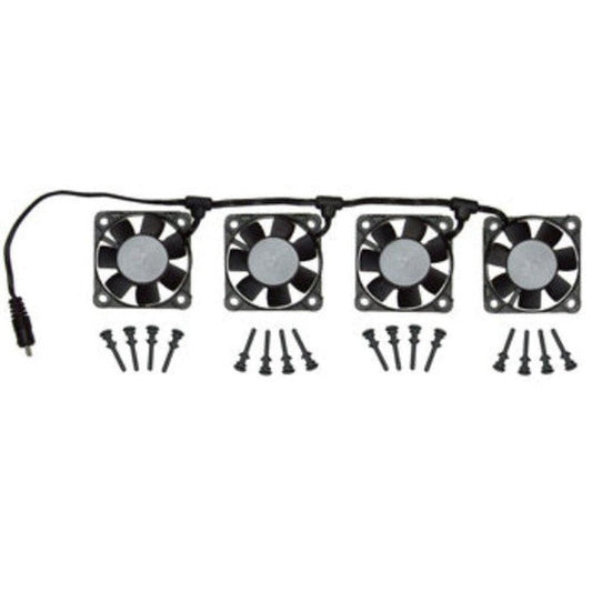 Black 4-fan assembly with mounting hardware for Cool Components Rack Side Cooling Unit.