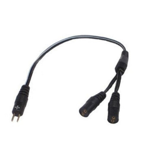 Black short power Y-cable with one male and two female coaxial DC power connectors.