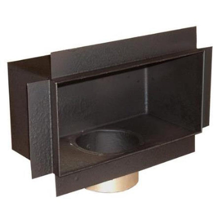 Black metal wall duct box for new construction, with a circular vent opening.