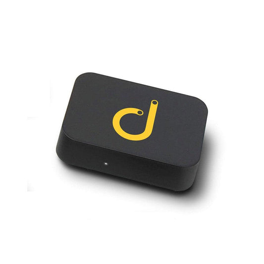 Domotz DM-B-12 Remote Monitoring Box, a sleek black rectangular device with a yellow "d" logo.
