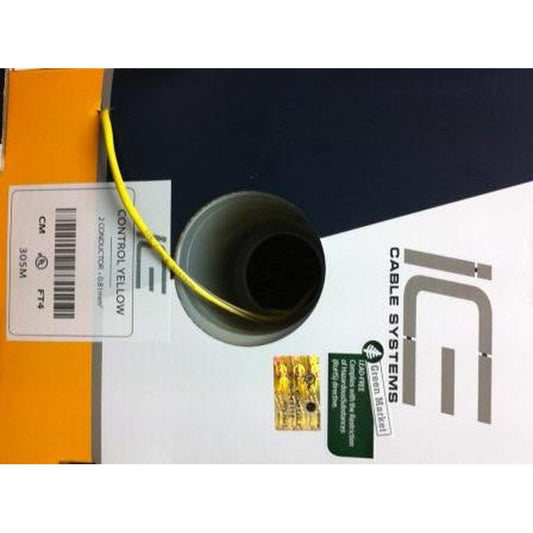 Yellow ICE Control Cable, 2 Core 1.3mm, in a white and orange Vantage box with labels.