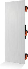 JBL Stage Series 6.5" in-wall speaker with a white zero-bezel metal grille and orange installation clamps.