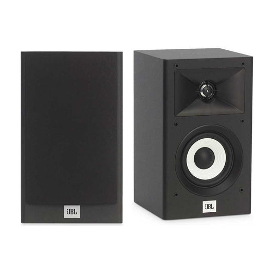 Pair of black JBL Stage A120W 4.5" bookshelf speakers, one with grille, one revealing white woofer and tweeter.
